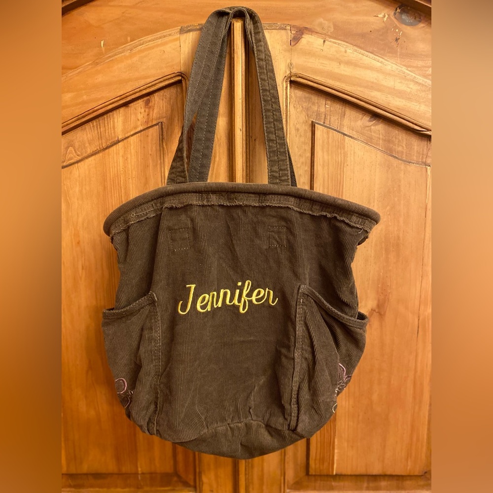 Thirty-One retrometro browncorduroy tote purse with stitched in yellowJennifer